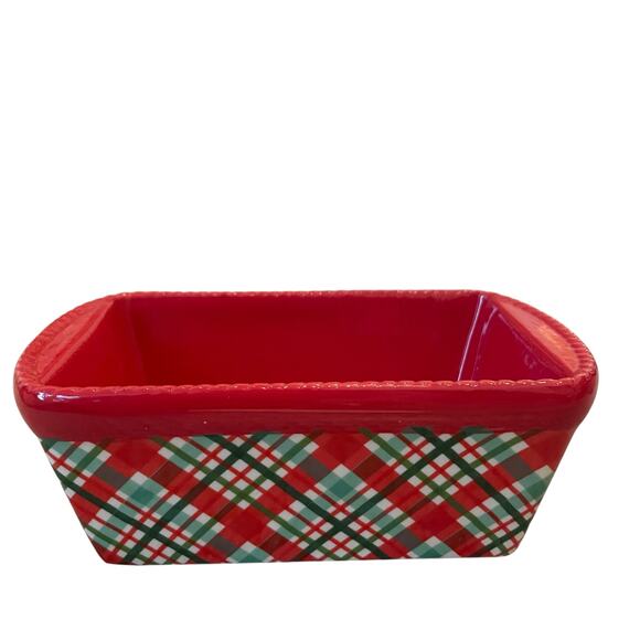 Temptations by Tara Mini Ceramic Loaf Pan w/ Lid 12oz Holiday Plaid Red Green - Picture 3 of 13